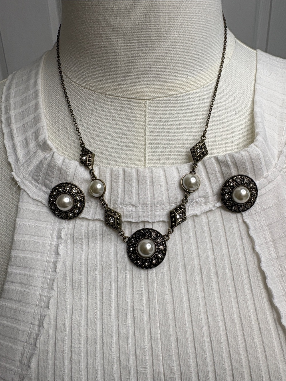 Vintage-Inspired Pearl & Marcasite Necklace Set - Antique Brass -Tone